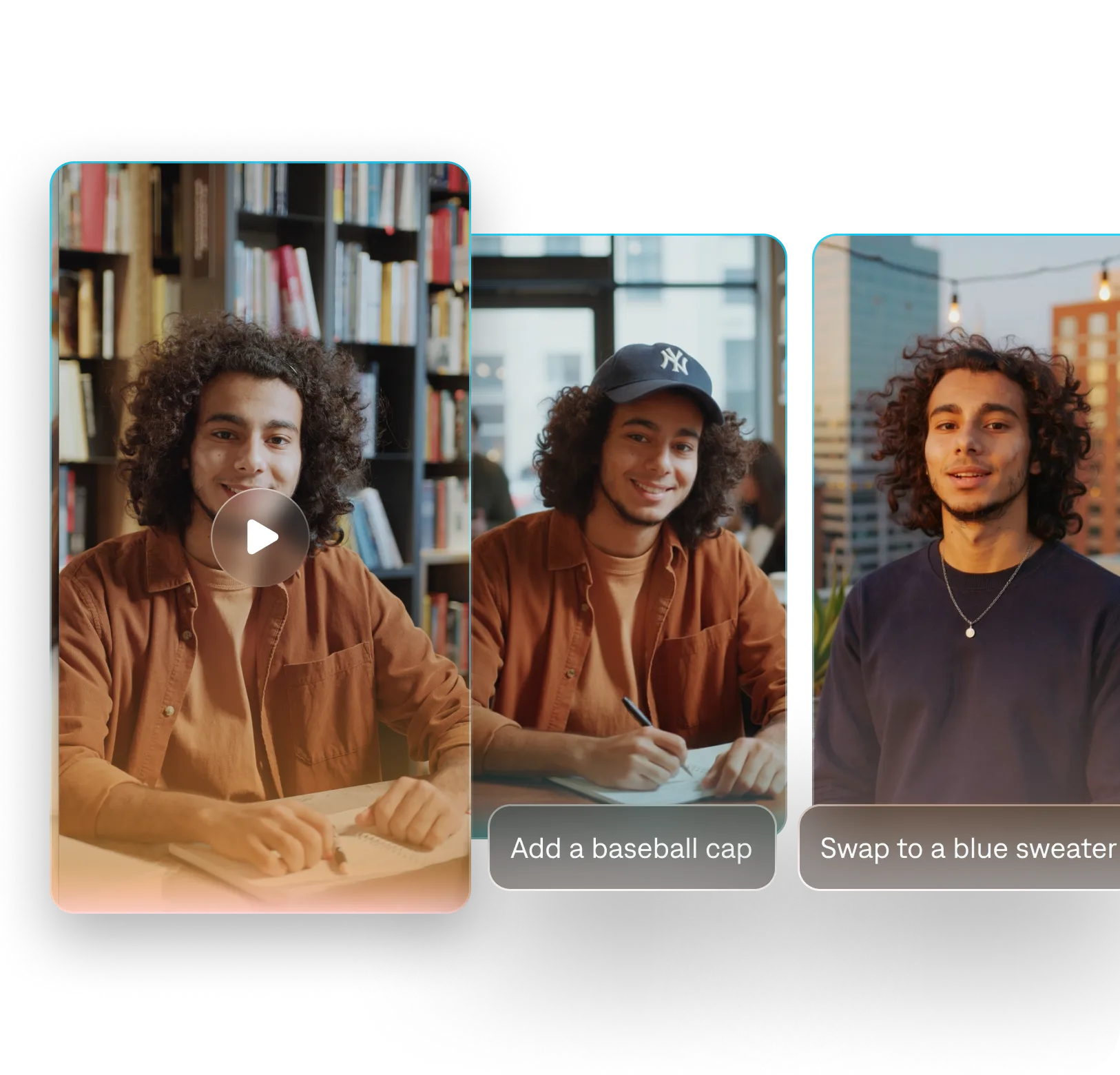 Mirage studio customizing an AI actor: the same man appears in three photos, each with different clothes and backgrounds accompanied by text such as “add a baseball cap.”