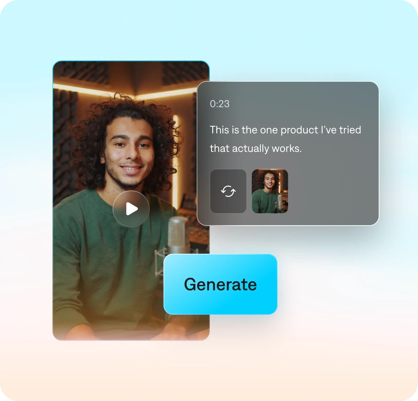 Mirage studios generating video: a still of a man speaking accompanied by a textbox tracking the script and a blue “generate” button.