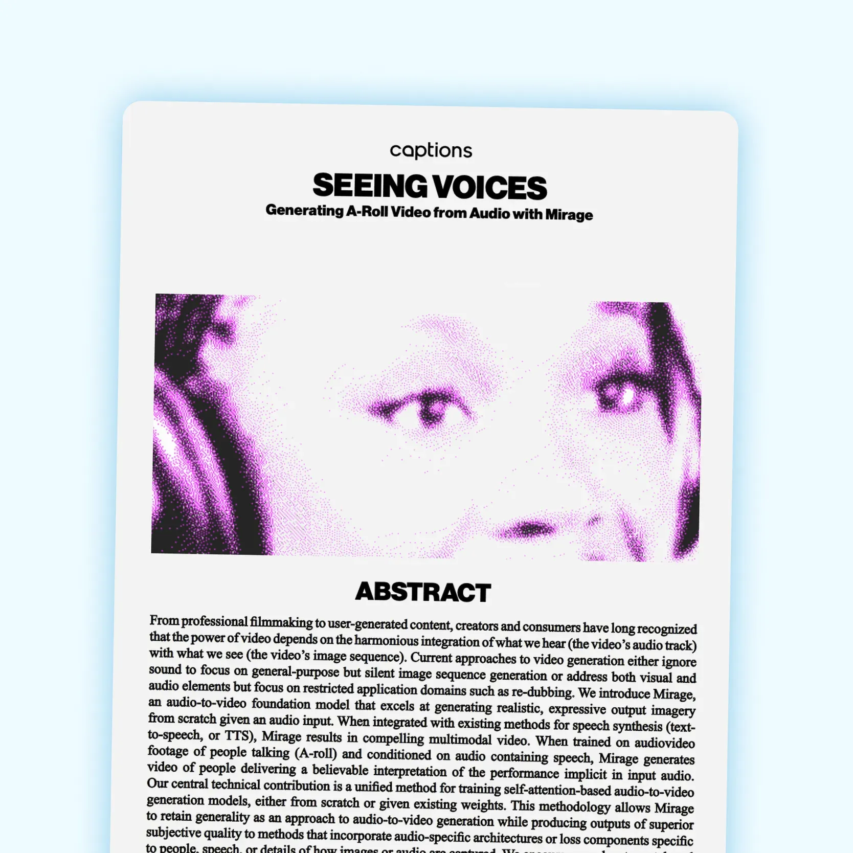 The cover page of Mirage's white paper with the title "Seeing Voices," a pixelated image of a woman with headphones, and an abstract.